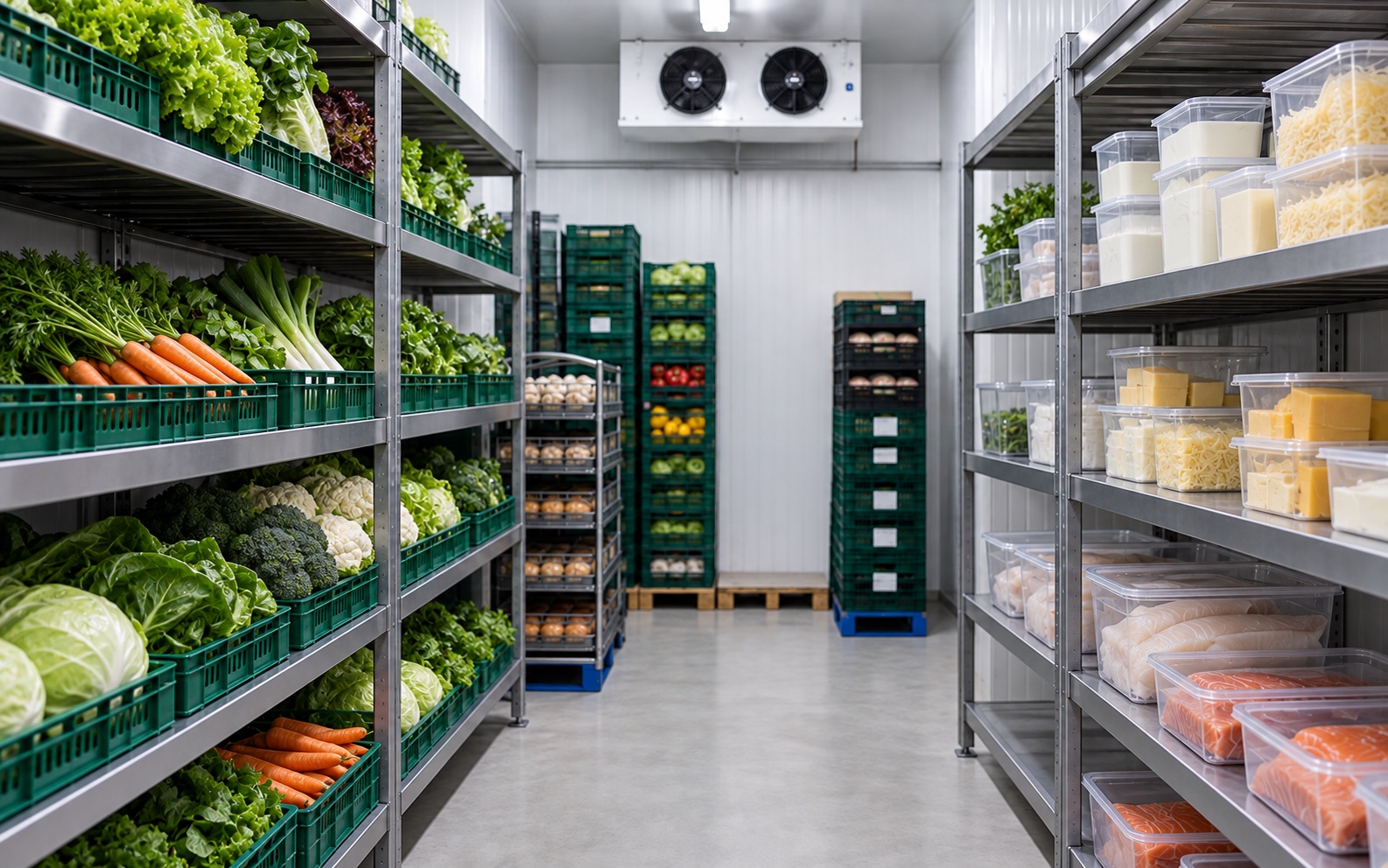 Illustrative commercial cold room with fresh vegetables, dairy and separately stored fish in clear containers