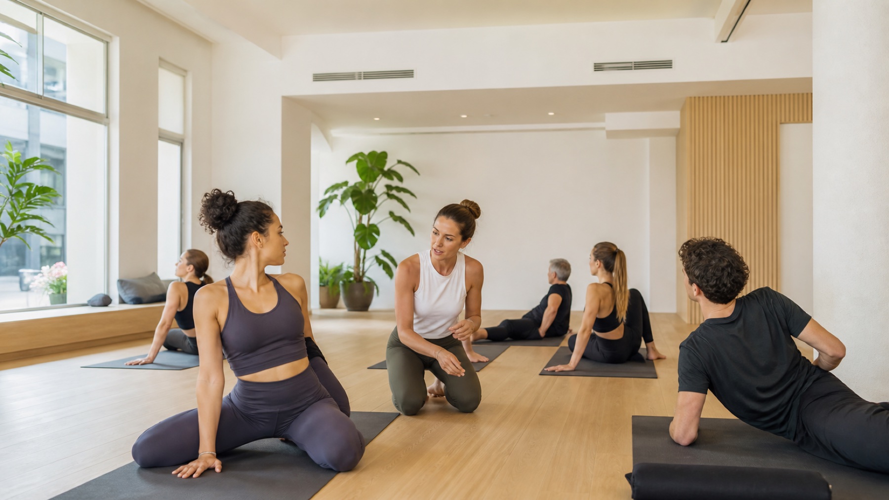 Illustrative bright studio prepared for a yoga or Pilates class