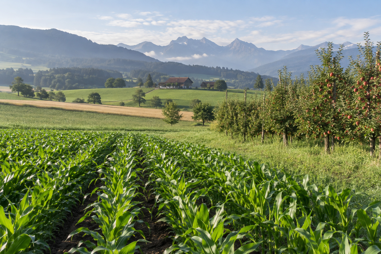 AI-generated mixed agricultural landscape with crop rows and an orchard